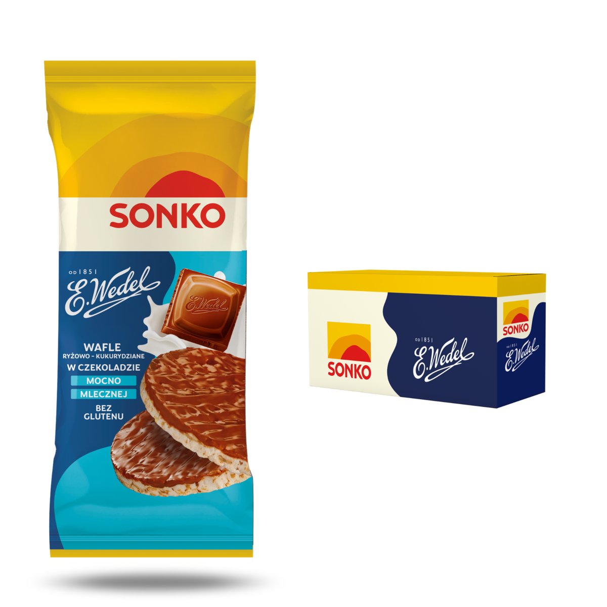 28x SONKO Wafle ryżowo kukurydziane w czekoladzie mocno mlecznej E