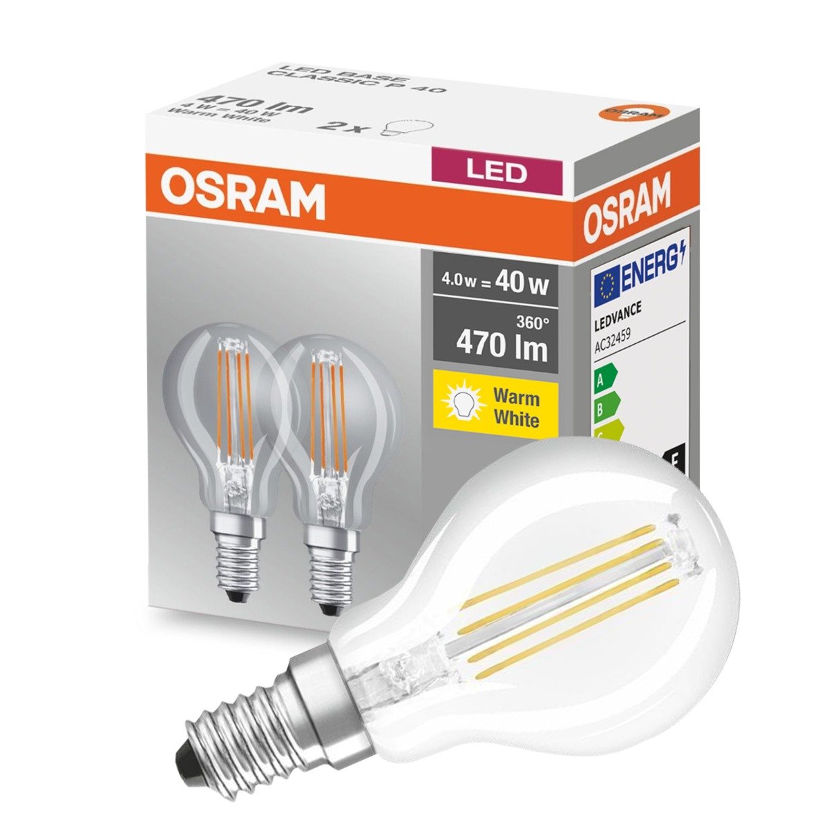 2PAK Żarówka LED E14 P45 4W 40W 470lm 2700K Ciepła Filament OSRAM