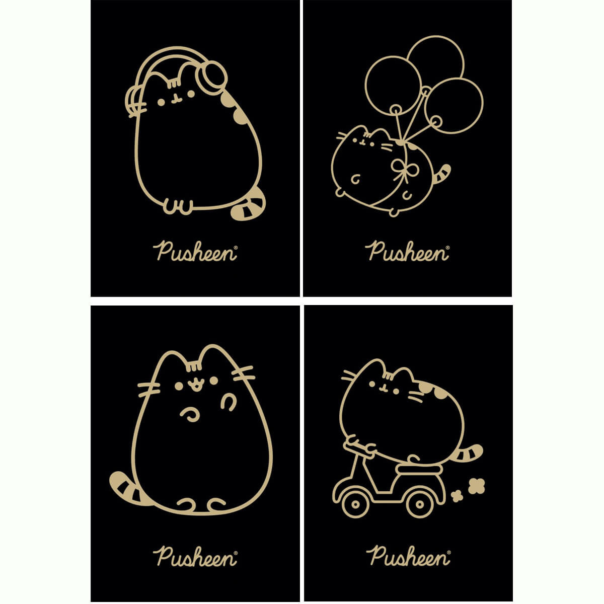 4 X ZESZYT A5 60 KARTEK KRATKA Z MARGINESEM PUSHEEN BLACK KOTEK KOT