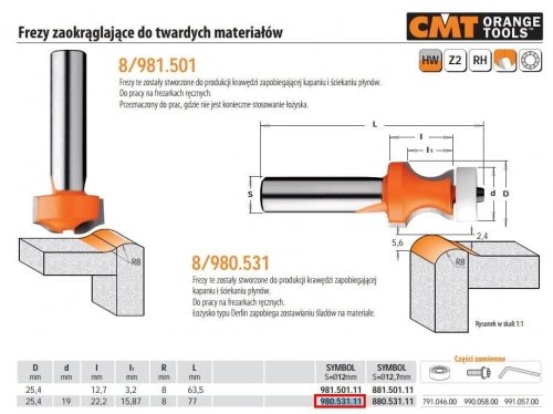 Cmt Frez Zaokrąglający Do Twardych Materiałów Hm R 8D 25 4 I 22 2B 15