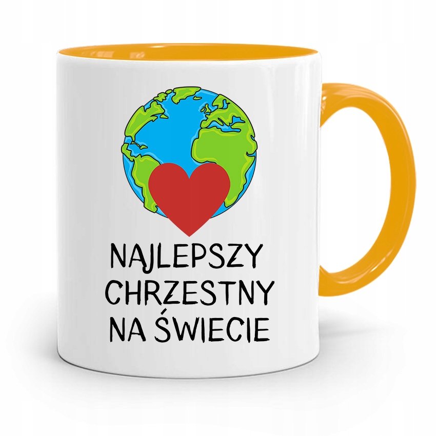 DLA CHRZESTNEGO CHRZESTNEJ KUBEK ŻÓŁTY NA PREZENT z Nadrukiem ze