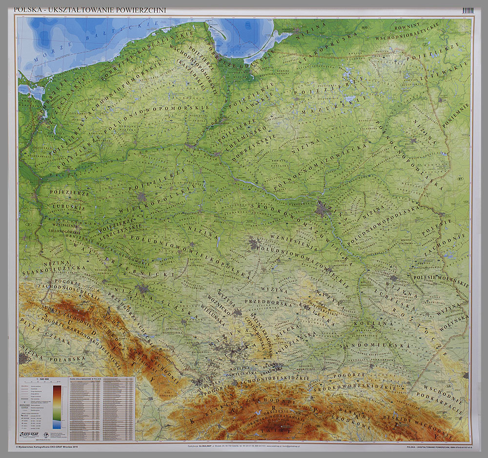 EkoGraf Polska mapa ścienna fizyczna na podkładzie w drewnianej ramie