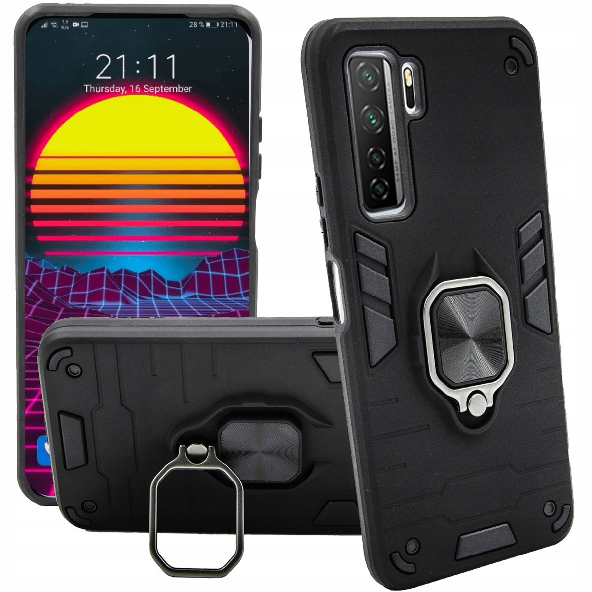 Etui Pancerne Do Huawei P Lite Czarne Obudowa Armor Holder Ring Case