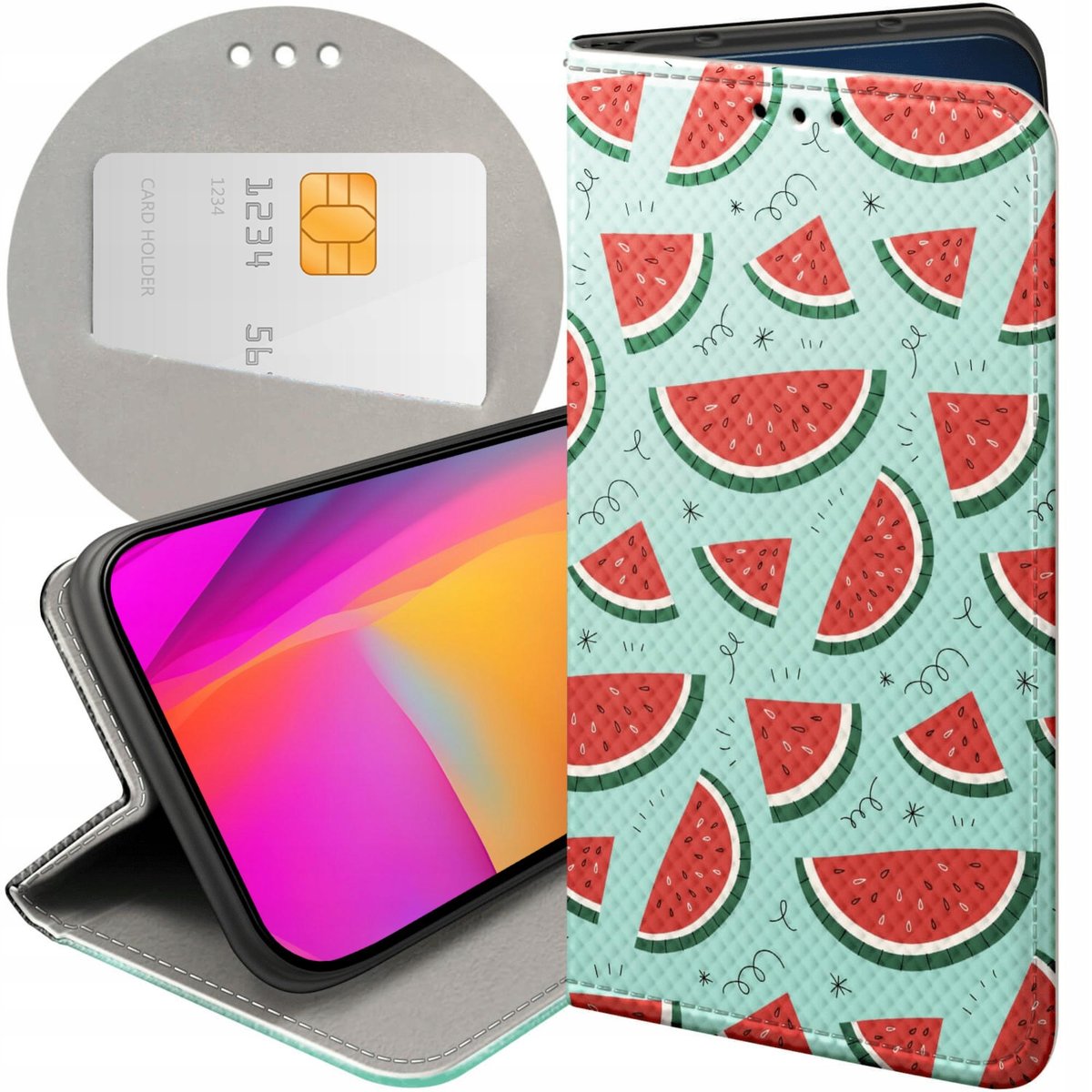 ETUI Z KLAPKĄ DO HUAWEI P30 LITE WZORY OWOCE ARBUZ ANANAS CYTRYNY