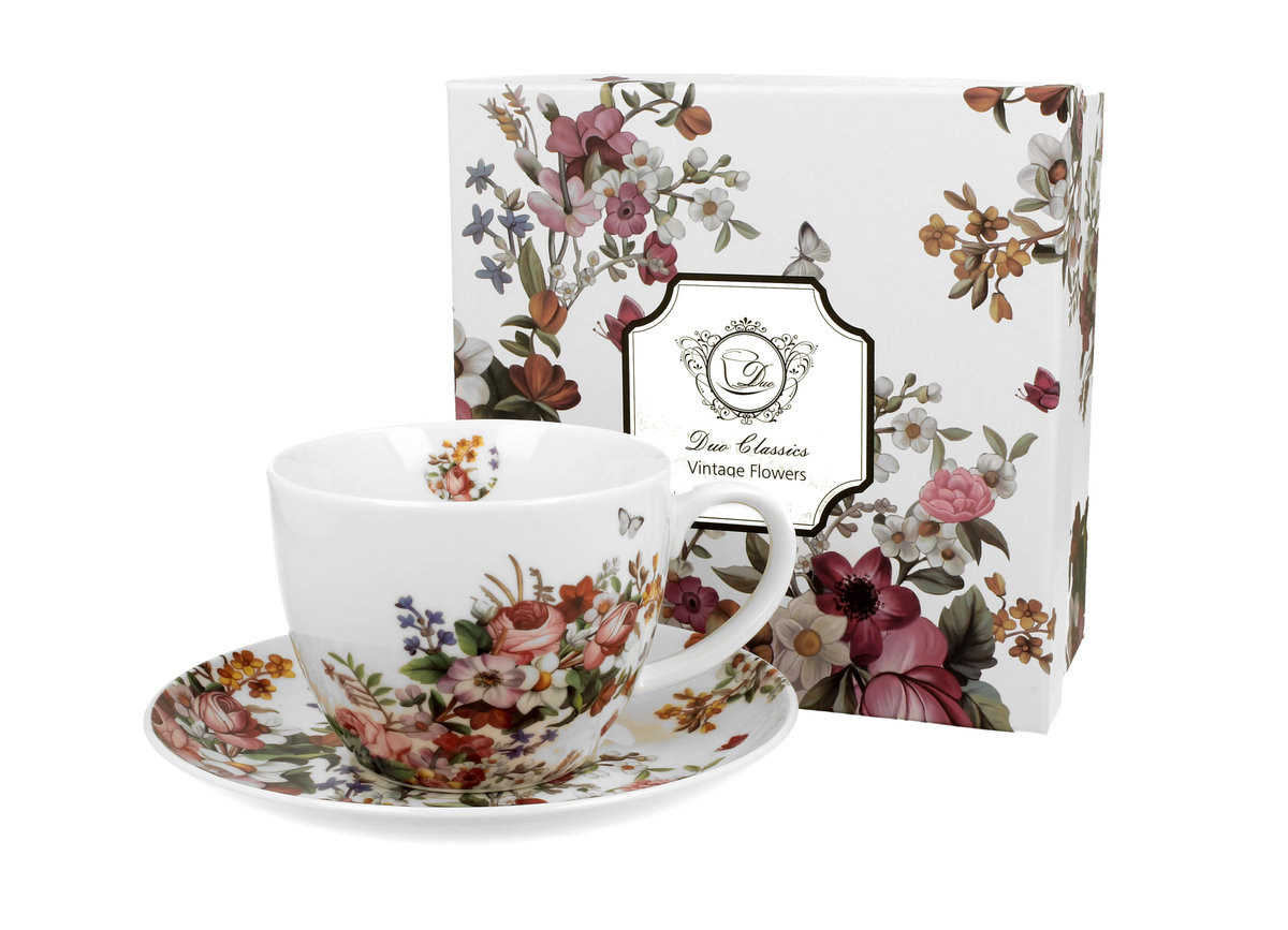 Filiżanka do kawy i herbaty porcelanowa ze spodkiem DUO VINTAGE FLOWERS