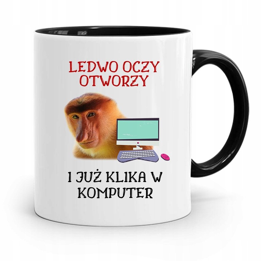 KUBEK CZARNY NOSACZ JANUSZ LEDWO OCZY OTWORZY z Nadrukiem ze Zdjęciem