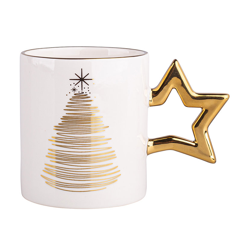 Kubek porcelanowy prosty Golden Christmas ze złotym uchem w kształcie