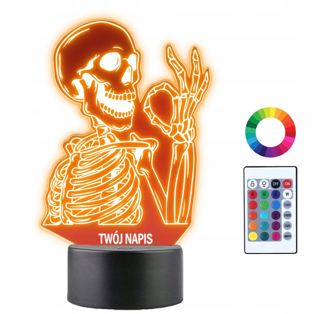 Lampka Nocna Halloween Szkielet Prezent Twój Napis Grawer Imię 3D LED