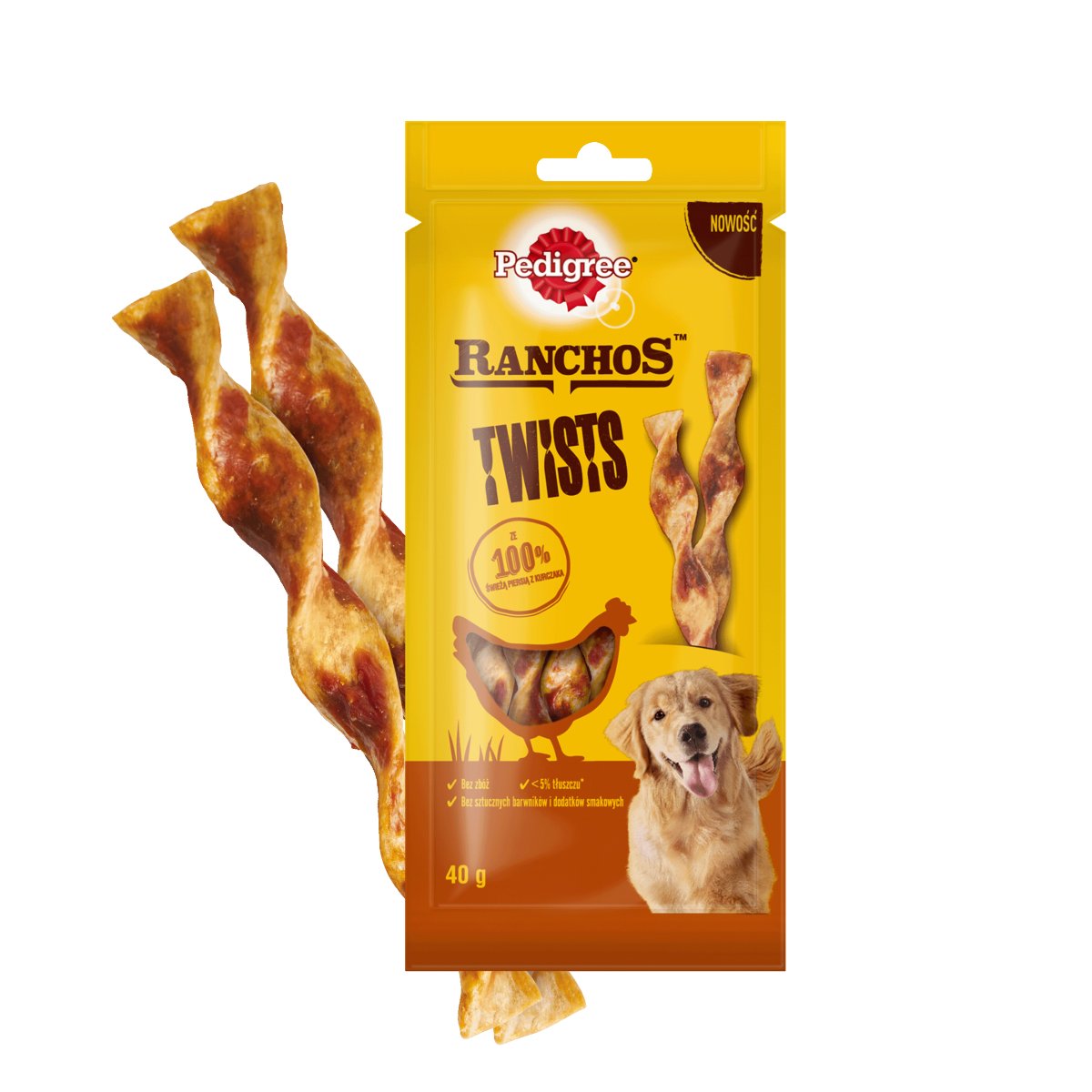 PEDIGREE Ranchos Twist bezzbożowe przysmaki dla psa z kurczakiem 40 g