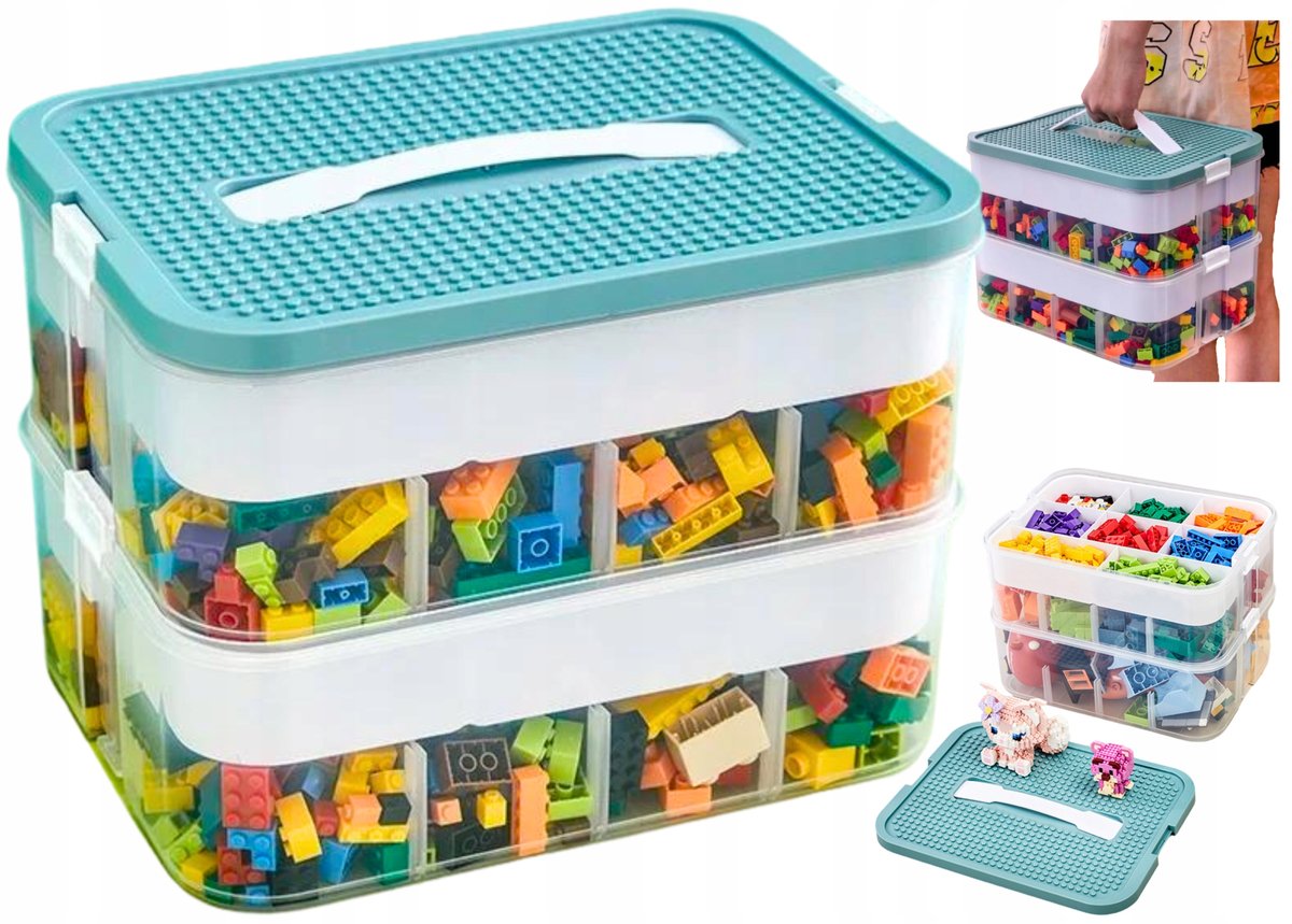 PUDEŁKO POJEMNIK NA ZABAWKI KLOCKI 2 WARSTWOWY PIĘTROWY LEGO ORGANIZER