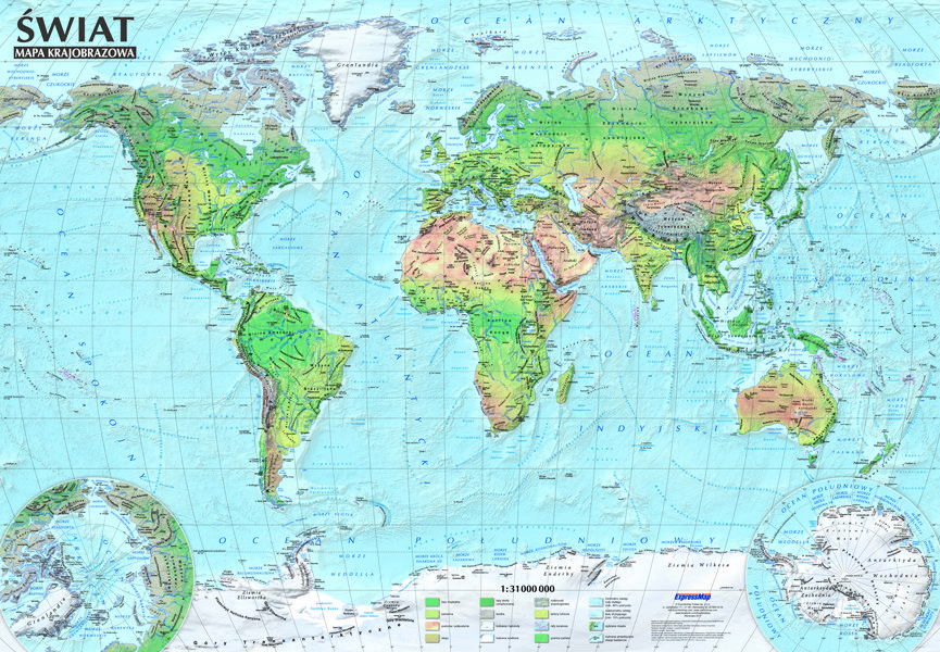 Świat Mapa polityczna i krajobrazowa dwustronna ścienna 1 31 000 000