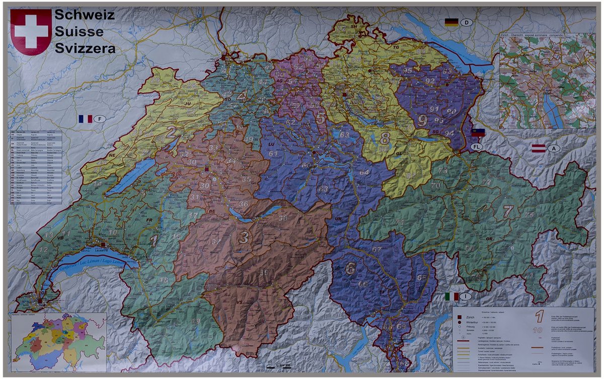 Szwajcaria mapa ścienna kody pocztowe na podkładzie do wpinania 1 400