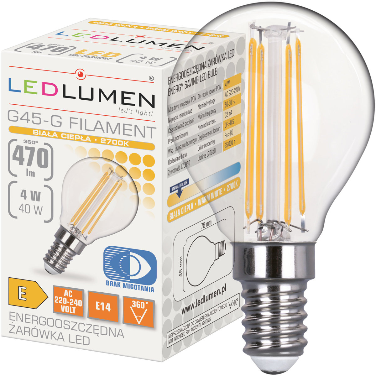 Żarówka LED E14 KULKA G45 4W 40W Filament 470lm 360 Ozdobna Brak