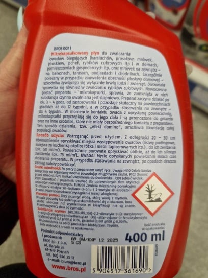 Środek Na Pluskwy I Rybiki Cukrowe Mikrokapsułkowany Bros 007 400 Ml