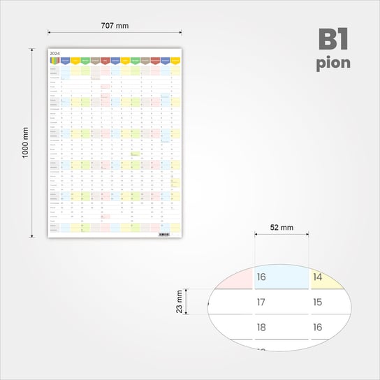 Planer ścienny kalendarz 2024 B1 suchościeralny pionowy TĘCZA