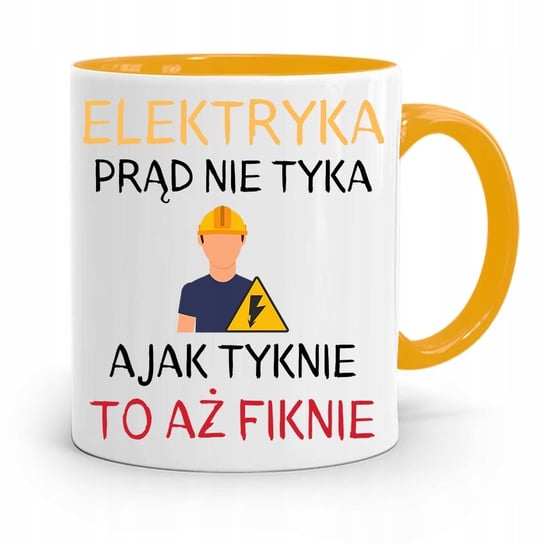 KUBEK ŻÓŁTY PREZENT DLA ELEKTRYKA PRĄD NIE TYKA z Nadrukiem ze Zdjęciem