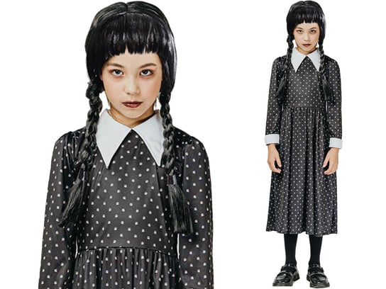 Strój KARNAWAŁOWY Wanda WEDNESDAY Sukienka ADDAMS GOTYCKA M 120 130 cm