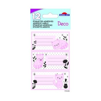 12 etykiet samoprzylepnych szkolnych - Prostokąt - Różowy kot - Złocenie - Inna marka