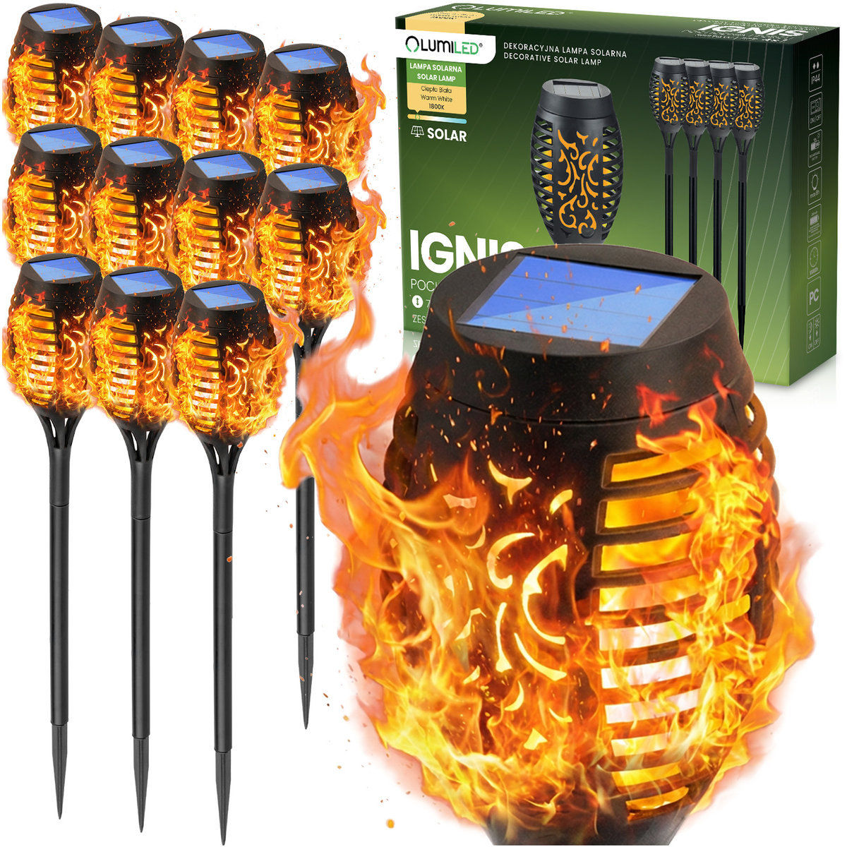 12x Lampa Solarna Ogrodowa LED IGNIS Wbijana Pochodnia Efekt Płomienia LUMILED