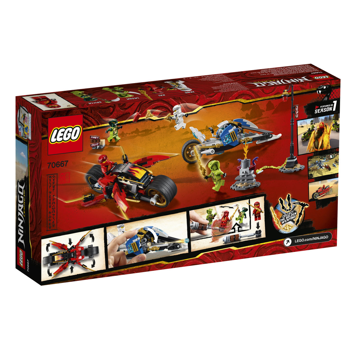 LEGO Ninjago, klocki Motocykl Kaia i skuter Zane'a, 70667 LEGO