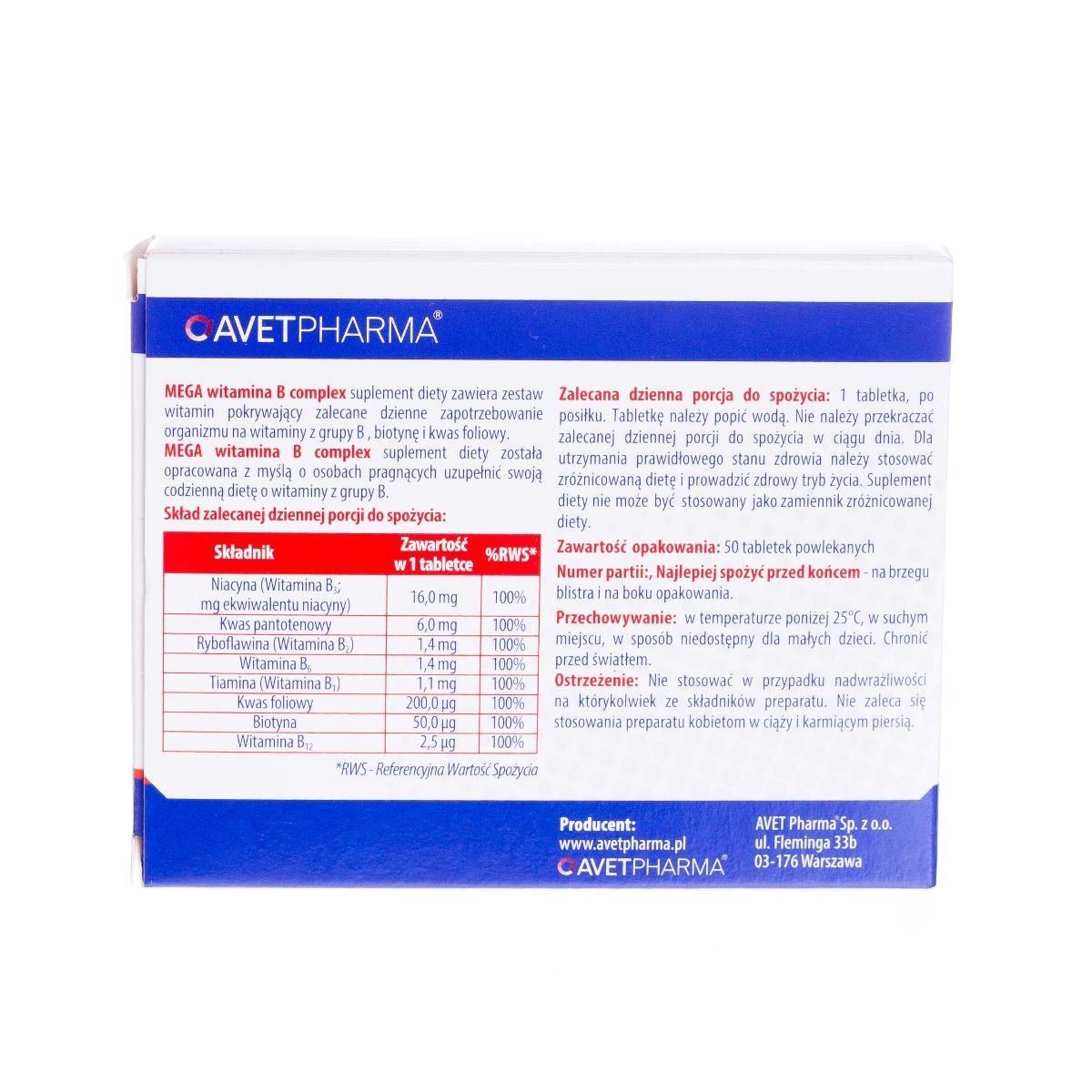 Avet Pharma Mega Complex Witamina B 50 tabletek powlekanych