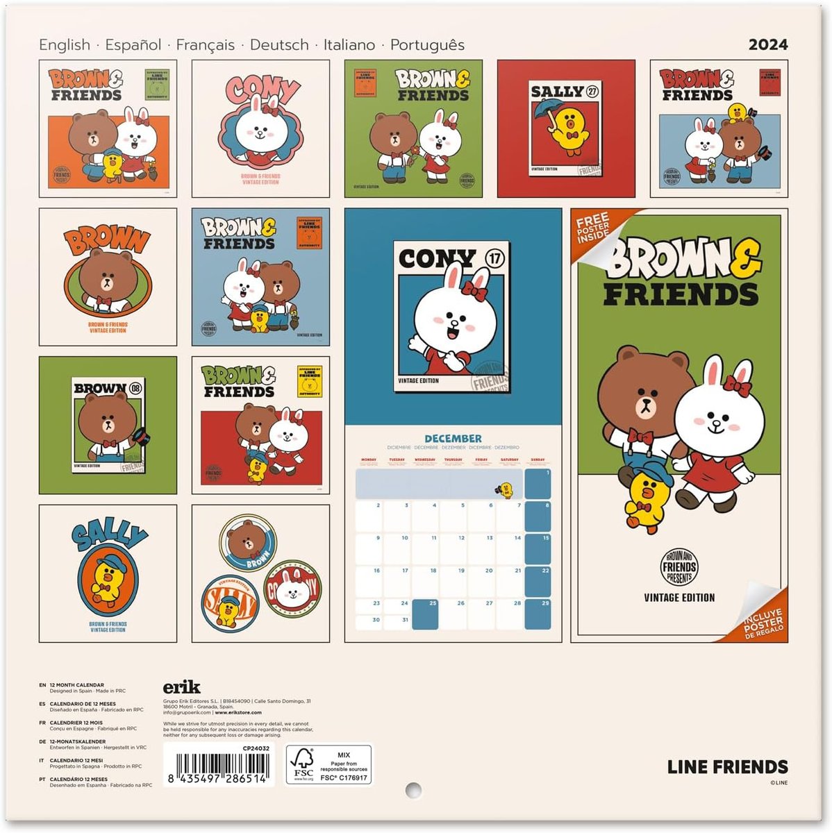 Grupo erik Line Friends 2023 Calendar 30x30 cm Green