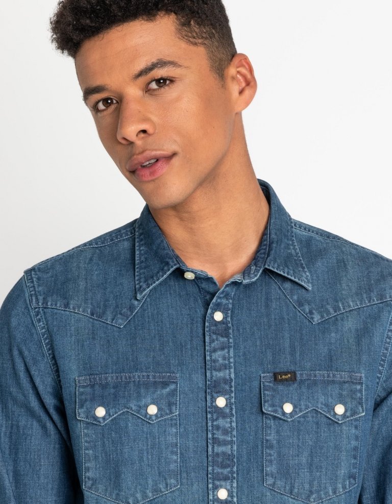Johnny's - りる Męska Koszula Jeansowa Lee Rider Shirt Dipped Blue L851Plla