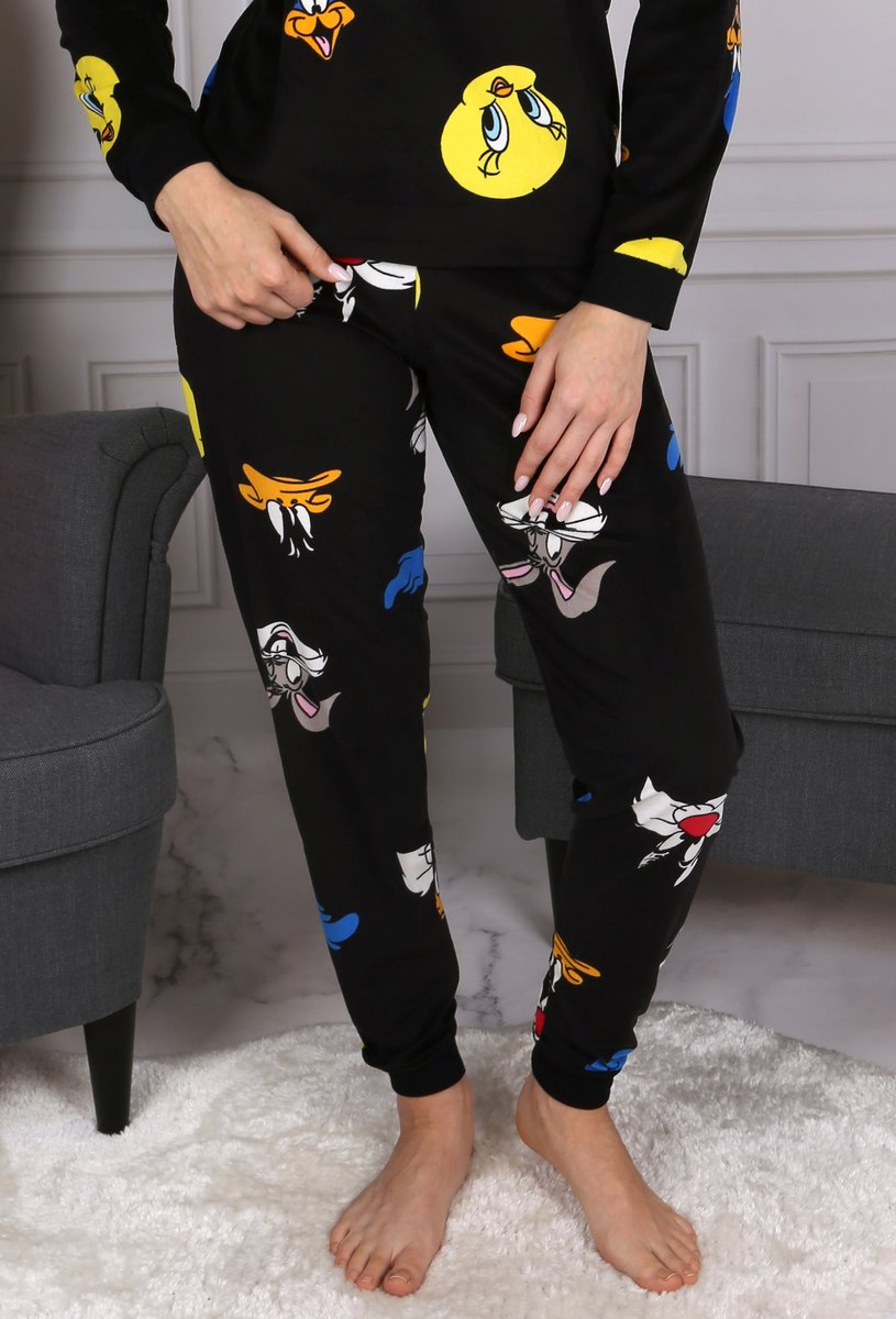 Zwariowane Melodie Czarna Piżama Damska, Piżama Na Długi Rękaw