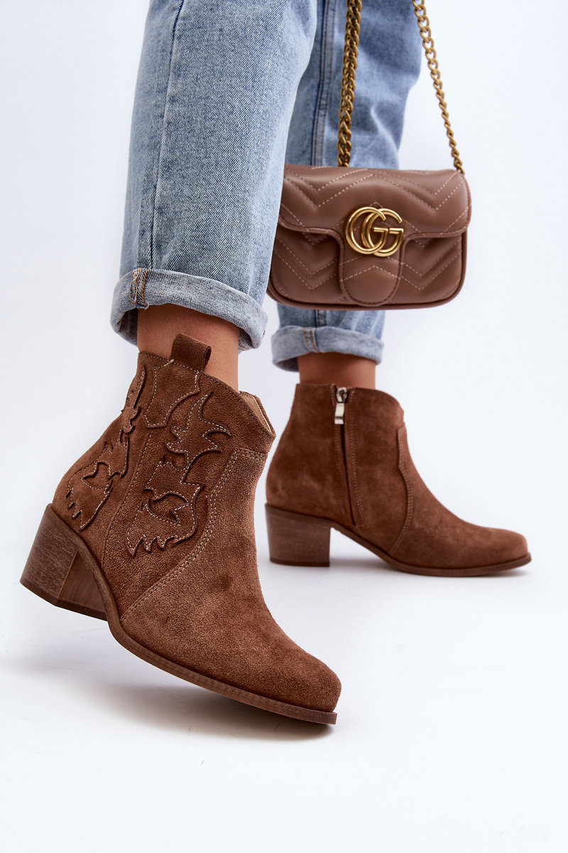 SASA✴︎ Zazoo 3426 Damskie Zamszowe Botki Kowbojki Brązowe