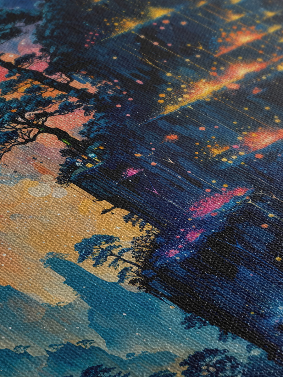 Obraz nocny baśniowy krajobraz do salonu granatowo-pomarańczowy