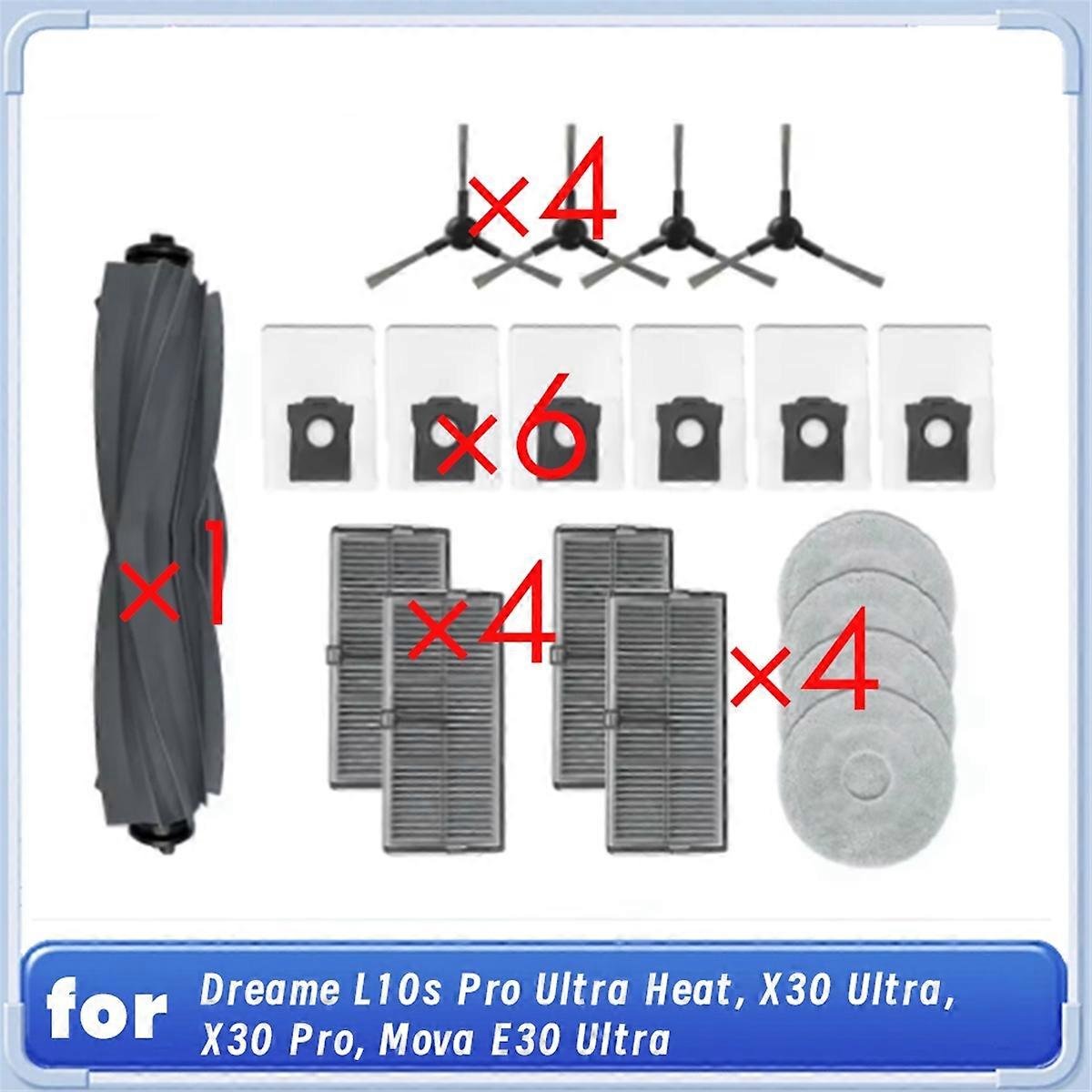 DrRobor Accessoires voor Dreame X30 Ultra/L10s Ultra Gen 2/L10s Pro Ultra Heat/Mova E30 Ultra | 2 hoofdborstels, 4 stofzakken, 4 Hepa-filters, 4 zijborstels, 4 reinigingsdoekjes