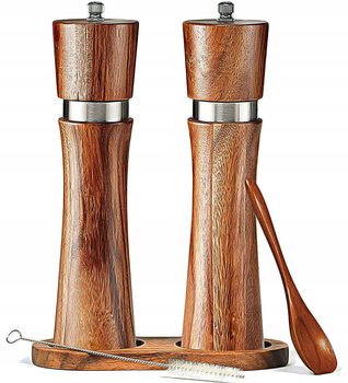 2×Ręczny drewniany Młynek Do Soli I Pieprzu zestaw z podstawką i łyżką - inna (Inny)