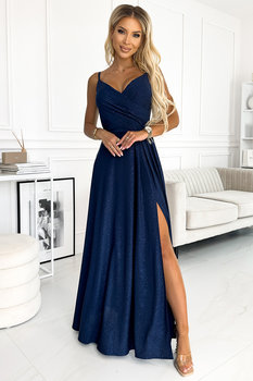 299-10 CHIARA elegancka maxi długa suknia na ramiączkach - GRANATOWA Z BROKATEM S - Numoco