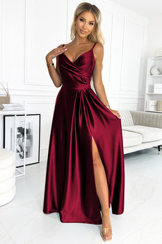 299-13 CHIARA elegancka maxi długa satynowa suknia na ramiączkach - BORDOWA L - Numoco