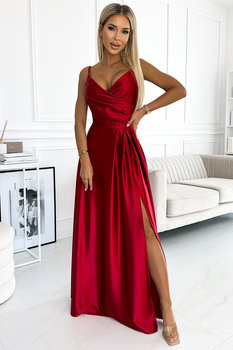 299-14 CHIARA elegancka maxi długa satynowa suknia na ramiączkach - CZERWONA XL - Numoco