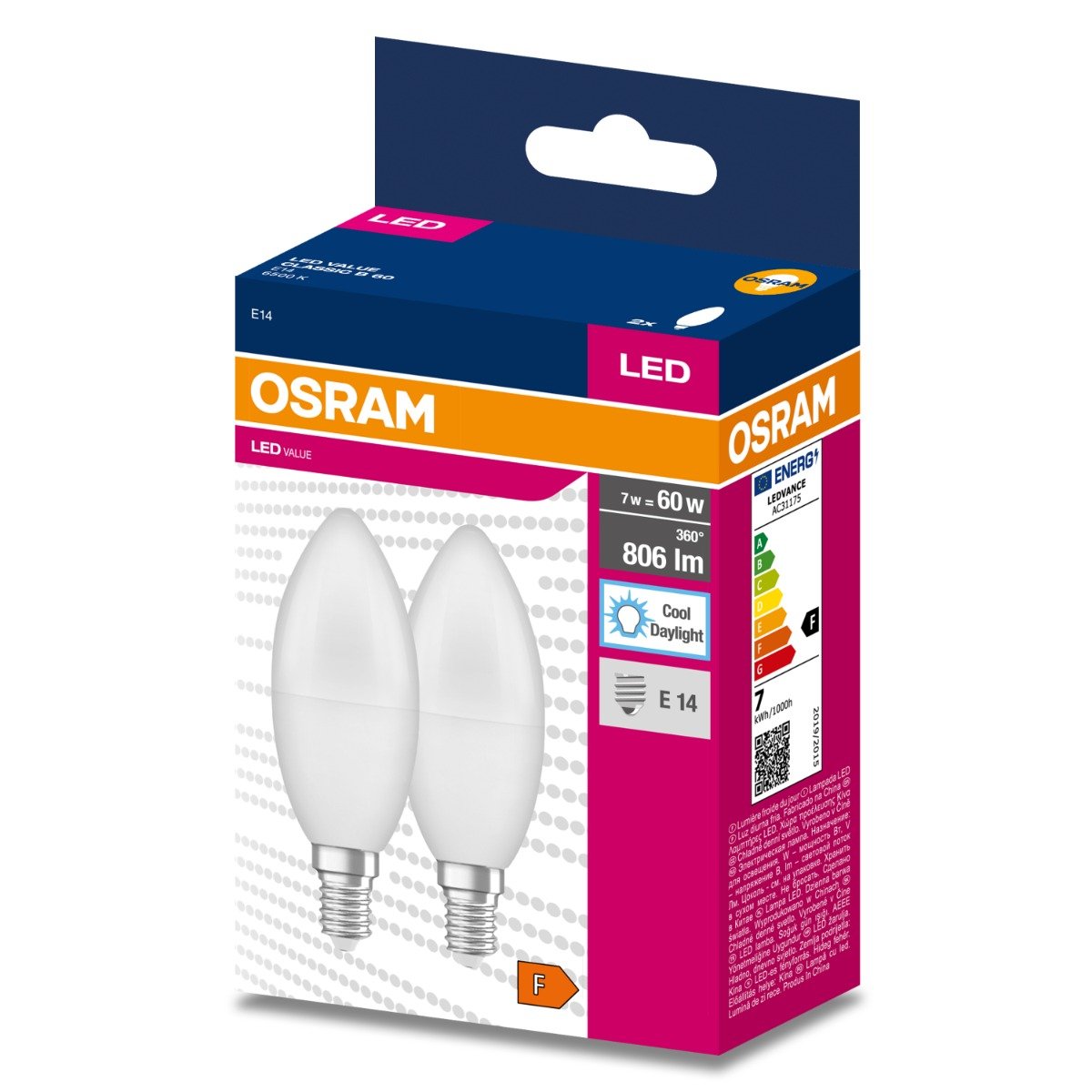 2pak Żarówka Led E14 B35 7w 60w 806lm 6500k Zimna 220° Osram Value