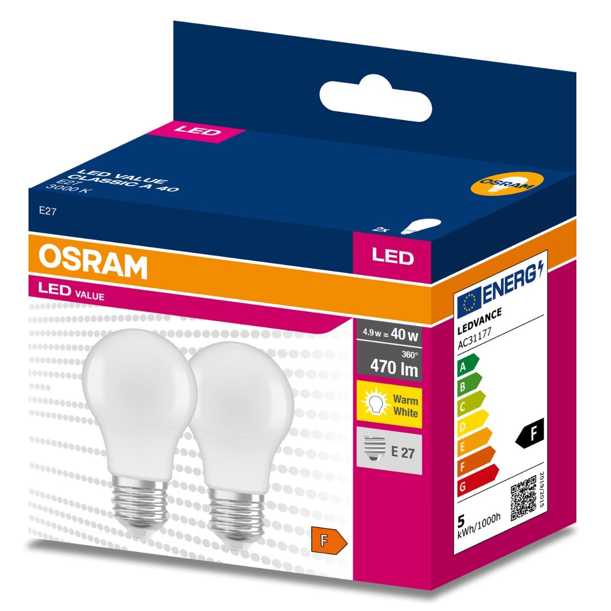 2pak Żarówka Led E27 A60 4 9w 40w 470lm 3000k Ciepła 200° Osram Value