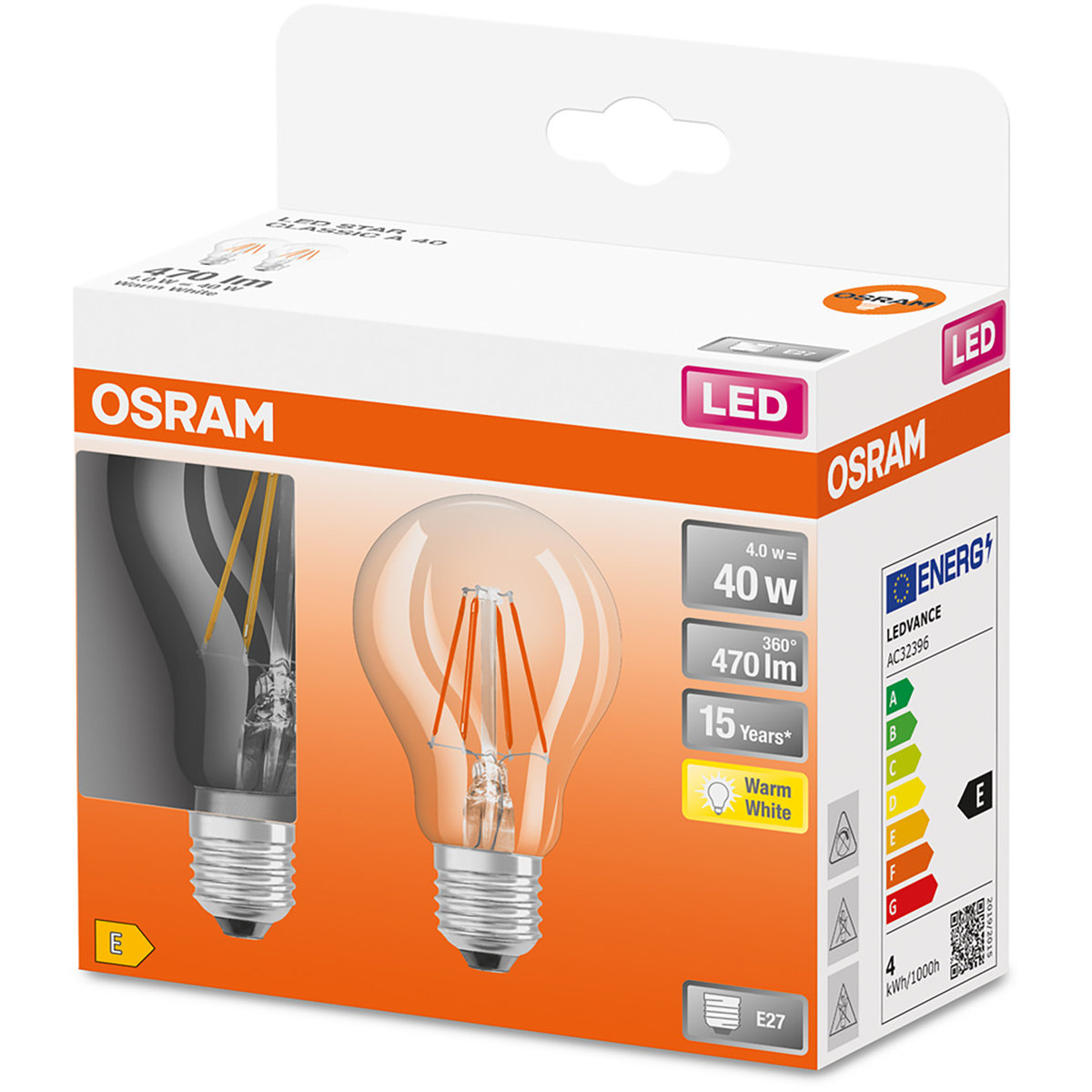 2pak Żarówka Led E27 A60 4w 40w 470lm 2700k 300° Filament Osram Star