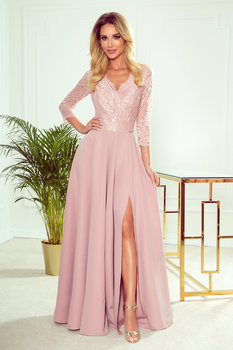 309-4 AMBER elegancka koronkowa długa suknia z dekoltem - PUDROWY RÓŻ XL - Numoco