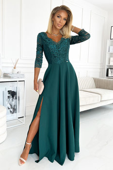 309-5 AMBER elegancka koronkowa długa suknia z dekoltem - ZIELEŃ BUTELKOWA L - Numoco