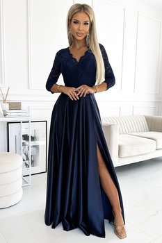 309-7 AMBER koronkowa długa SATYNOWA suknia z dekoltem - GRANATOWA M - Numoco