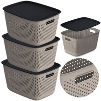 3X Pojemnik Plastikowy Ażurowy Pudełko Z Pokrywą Pojemniki Box 17L Jasnobrązowy