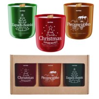 3x ŚWIECA RAVINA - ZESTAW ŚWIEC W PUDEŁKU ŚWIĄTECZNYCH NA PREZENT 3 świece zapachowe sojowe w kartonie pod choinkę Merry Christmas Wesołych Świąt Piernik 3xświeczka