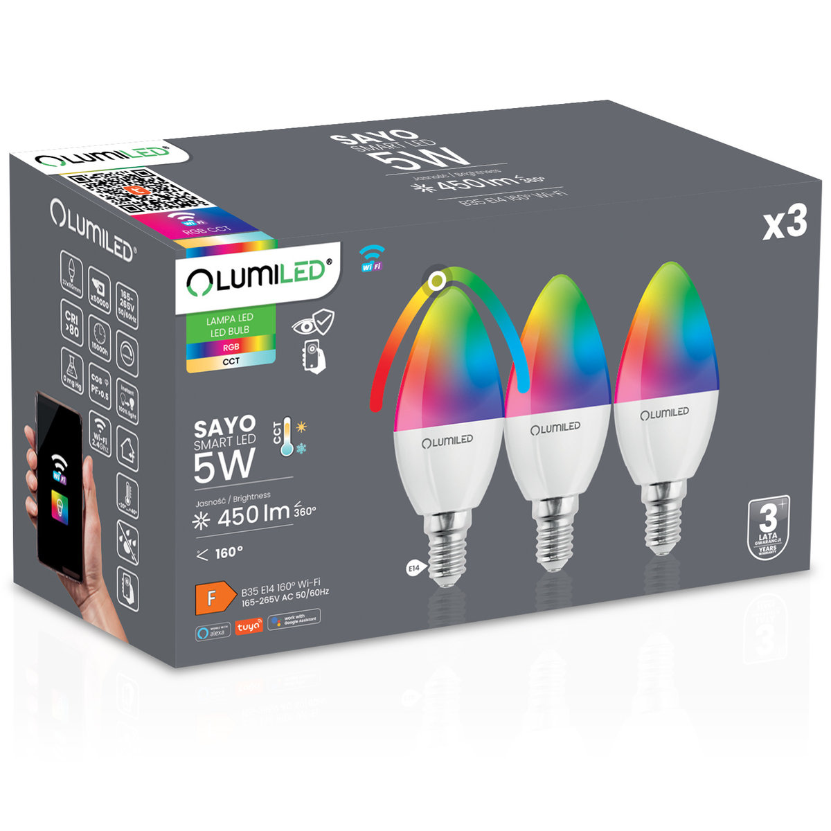 3X Żarówka LED E14 B35 ŚWIECZKA 5W = 40W 450lm RGB Ściemnialna CCT Inteligentna TUYA WiFi SMART SAYO LUMILED