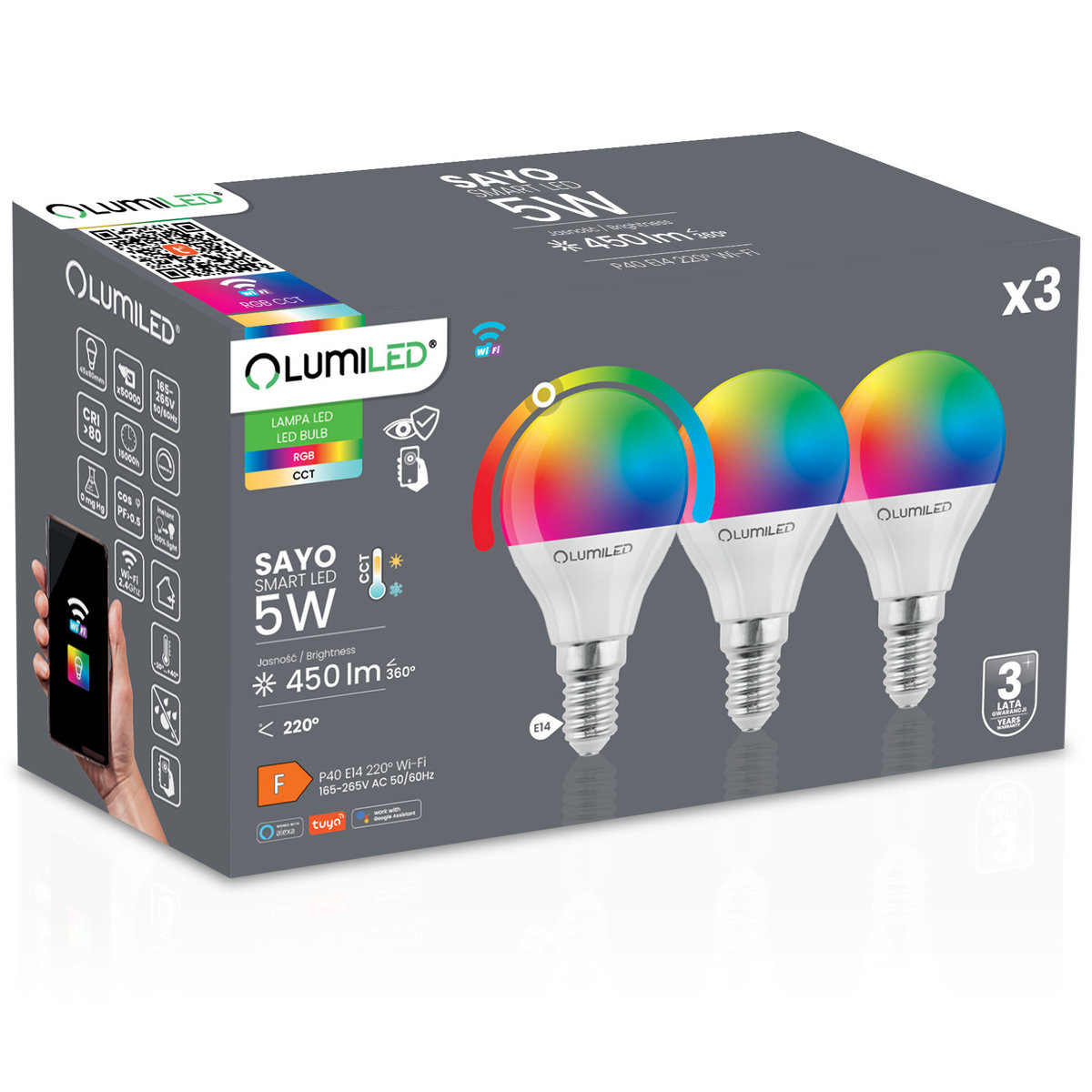3X Żarówka LED E14 P40 KULKA 5W = 40W 450lm RGB CCT Ściemnialna Inteligentna TUYA WiFi SMART SAYO LUMILED