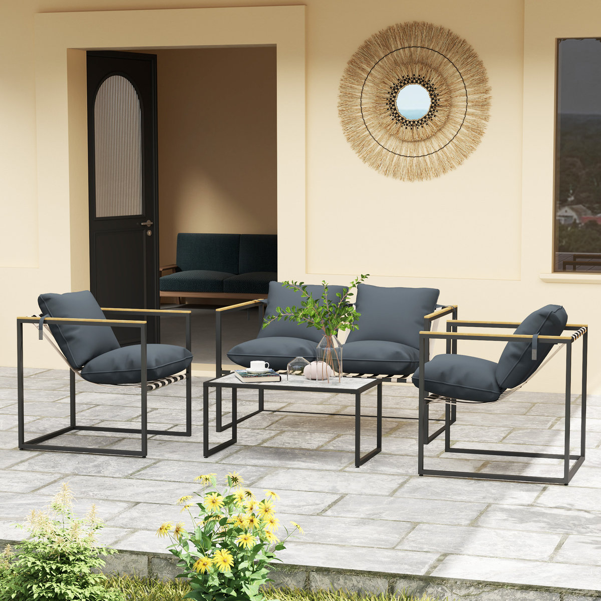 4-częściowy zestaw mebli ogrodowych, meble outdoor, 2 fotele, sofa dwuosobowa, 1 stolik, tapicerowany, stal, poliester, Szary