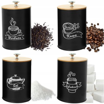 4 X Pojemnik Kawa Herbata Cukier Sól Czarny Metalowy Bambus Komplet - Inny producent