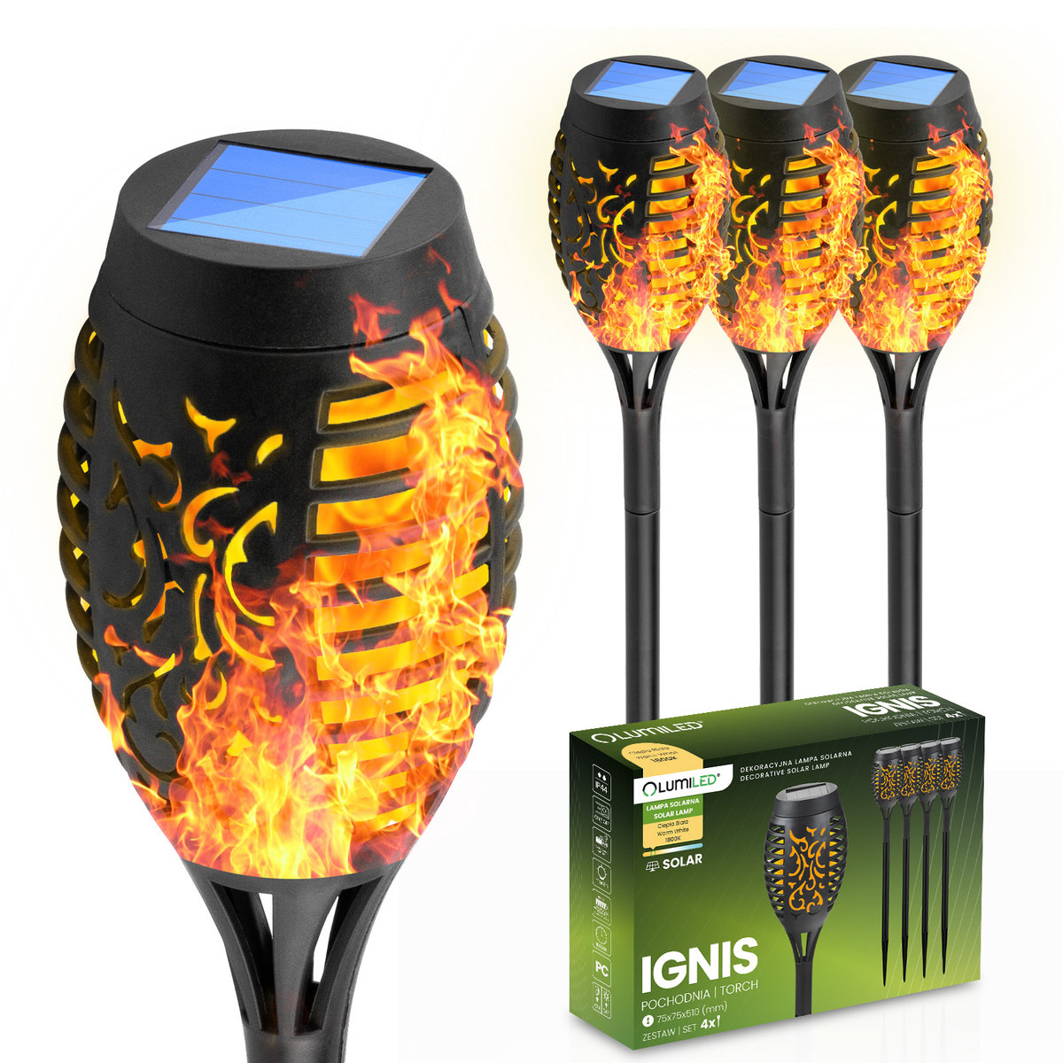 4x Lampa Solarna Ogrodowa LED IGNIS Wbijana Pochodnia Efekt Płomienia ...