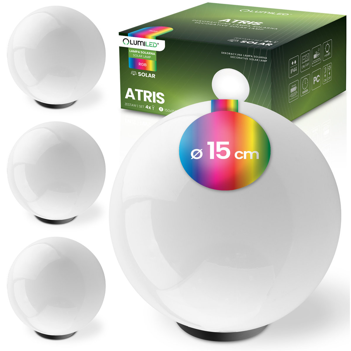 4x Lampa Solarna Ogrodowa LED Wbijana Naziemna Biała Kula 15cm RGB ATRIS LUMILED