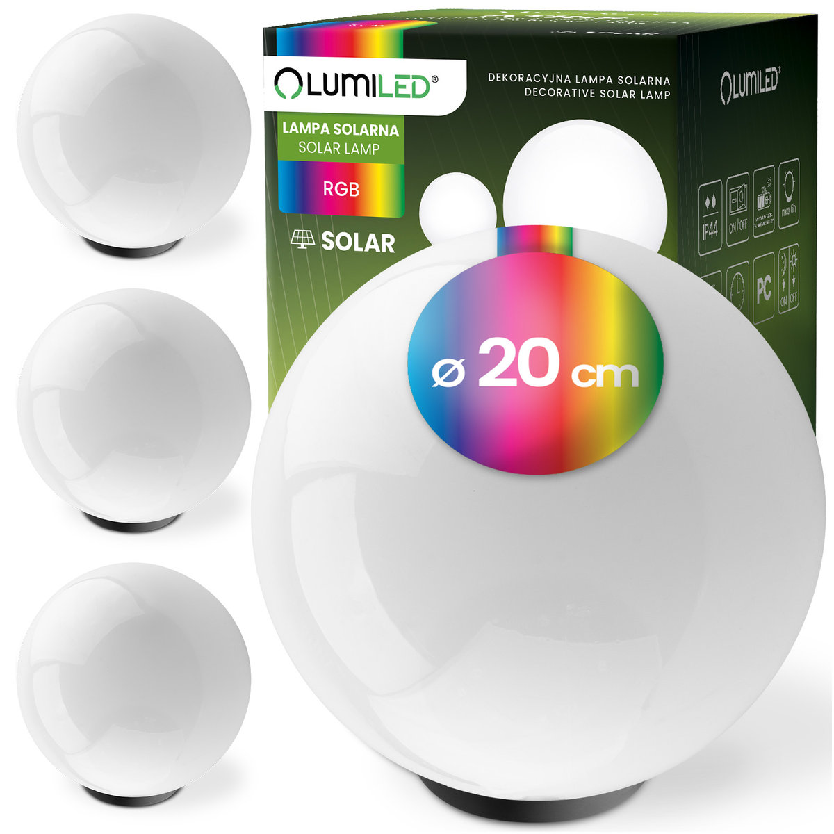 4x Lampa Solarna Ogrodowa LED Wbijana Naziemna Biała Kula 20cm RGB ATRIS LUMILED